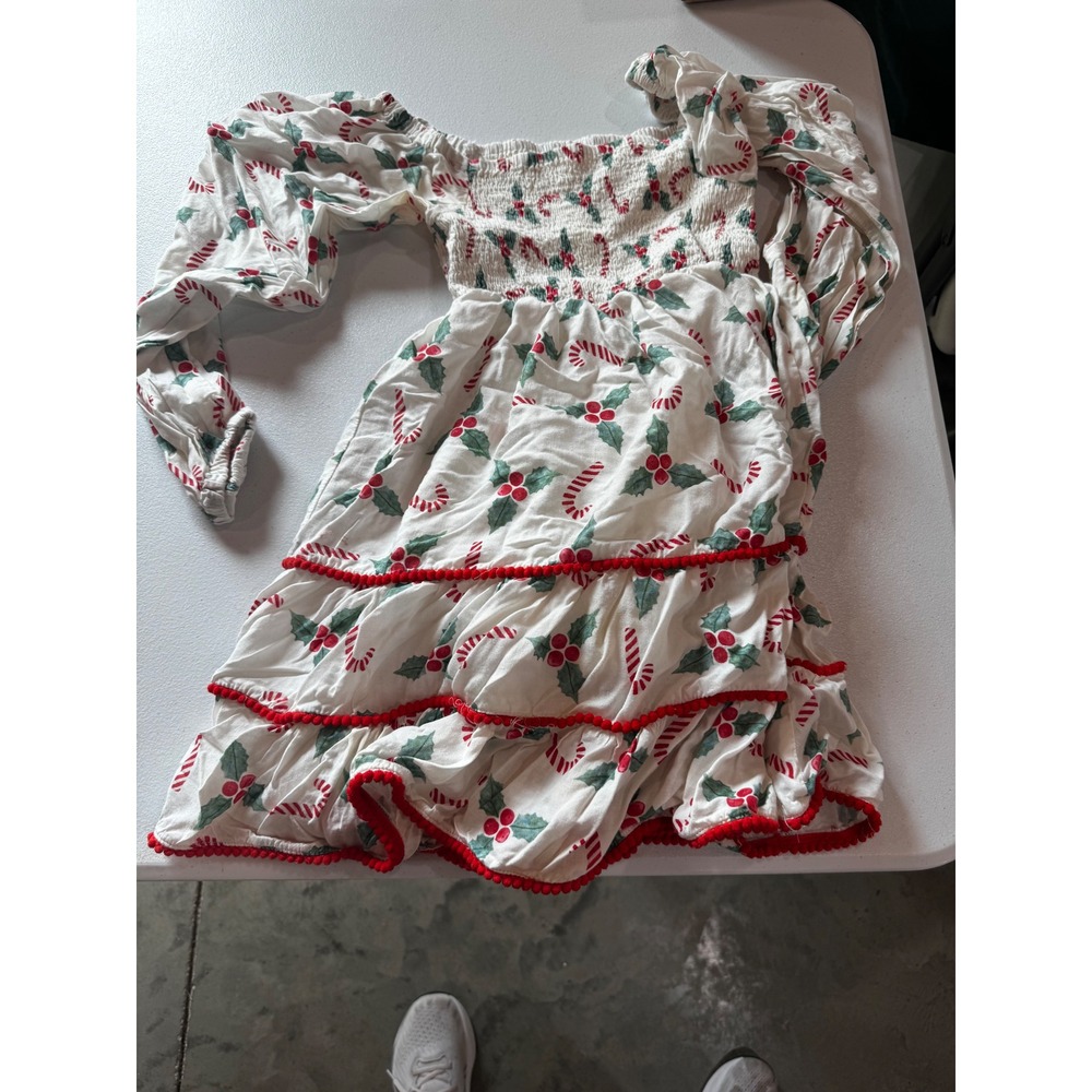 Cheeky Plum Girls Christmas Dress Candy Cane Holly Smocked Tiered Pom Pom 12Y